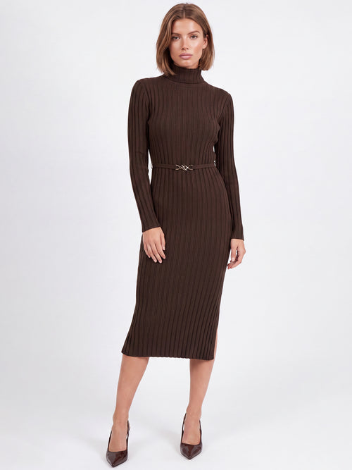 Rippenstrickkleid mit Rollkragen und Strickgürtel | braun image 1