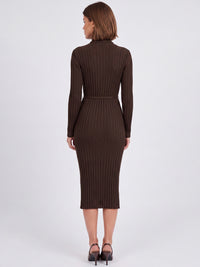Rippenstrickkleid mit Rollkragen und Strickgürtel | braun
