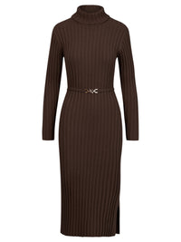 Rippenstrickkleid mit Rollkragen und Strickgürtel | braun