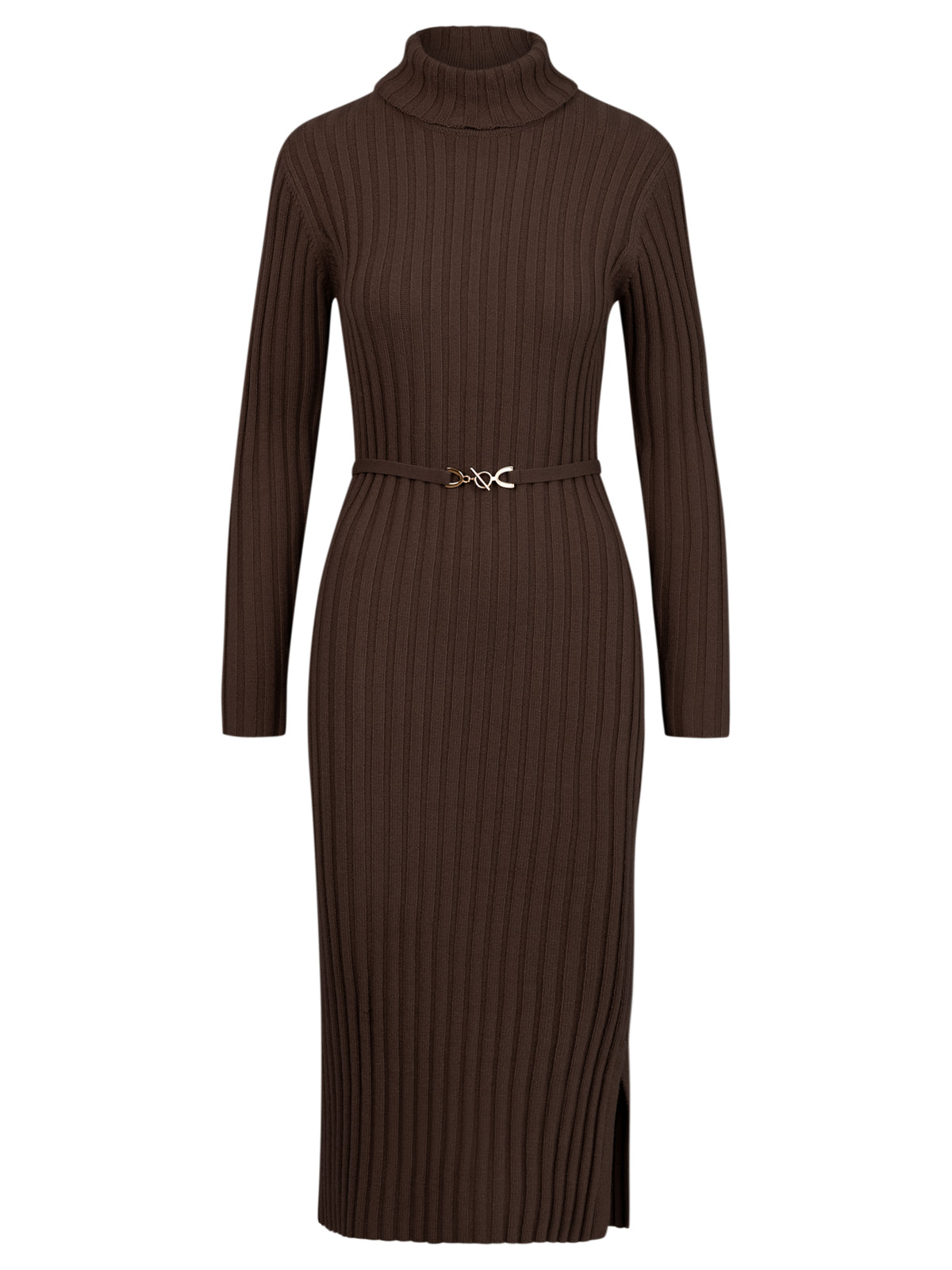 Rippenstrickkleid mit Rollkragen und Strickgürtel | braun
