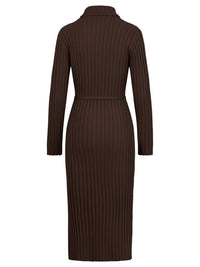 Rippenstrickkleid mit Rollkragen und Strickgürtel | braun