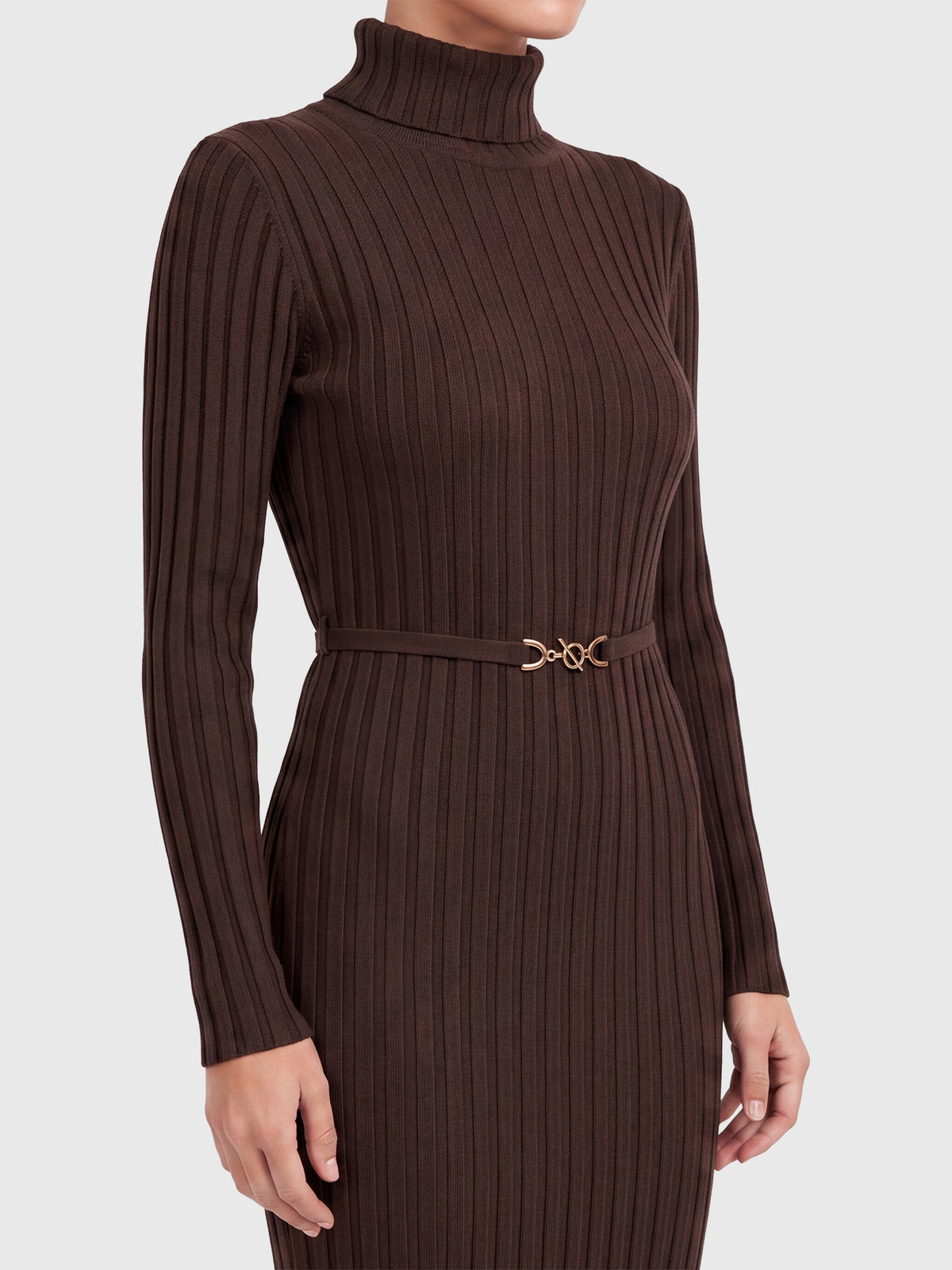 Rippenstrickkleid mit Rollkragen und Strickgürtel | braun