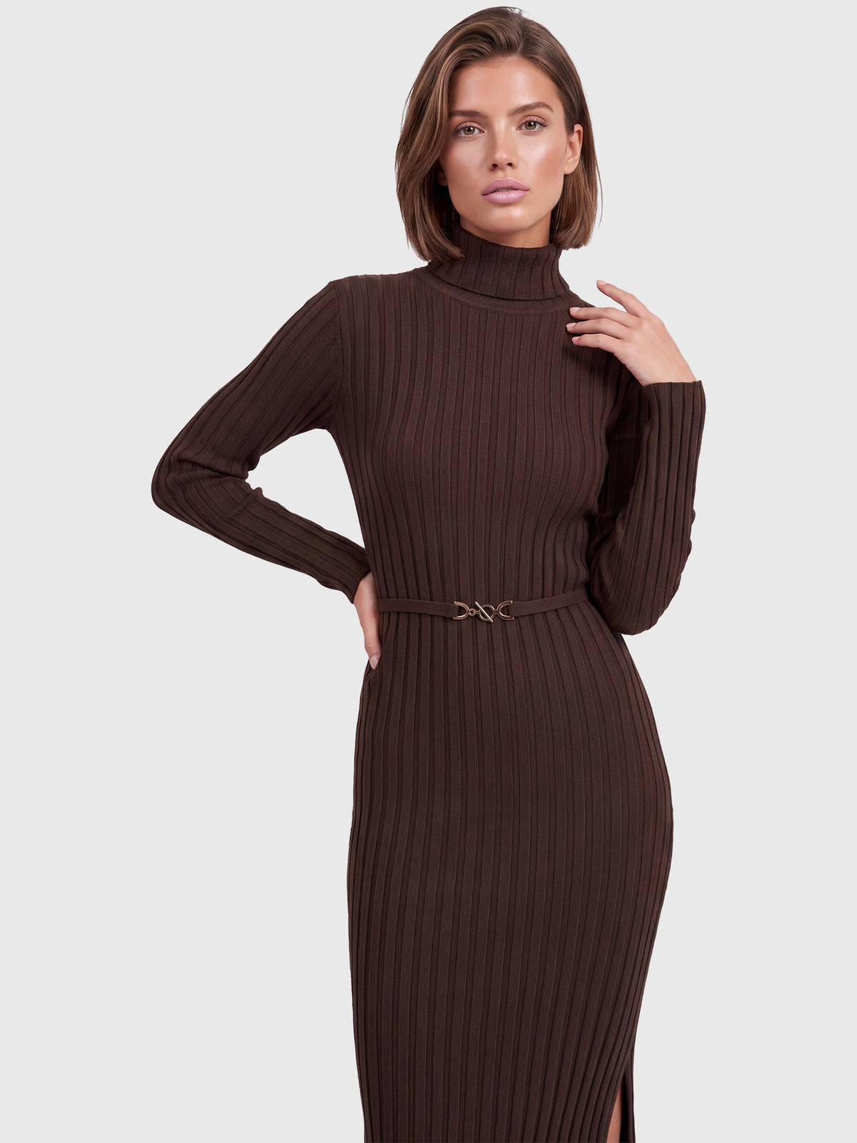 Rippenstrickkleid mit Rollkragen und Strickgürtel | braun