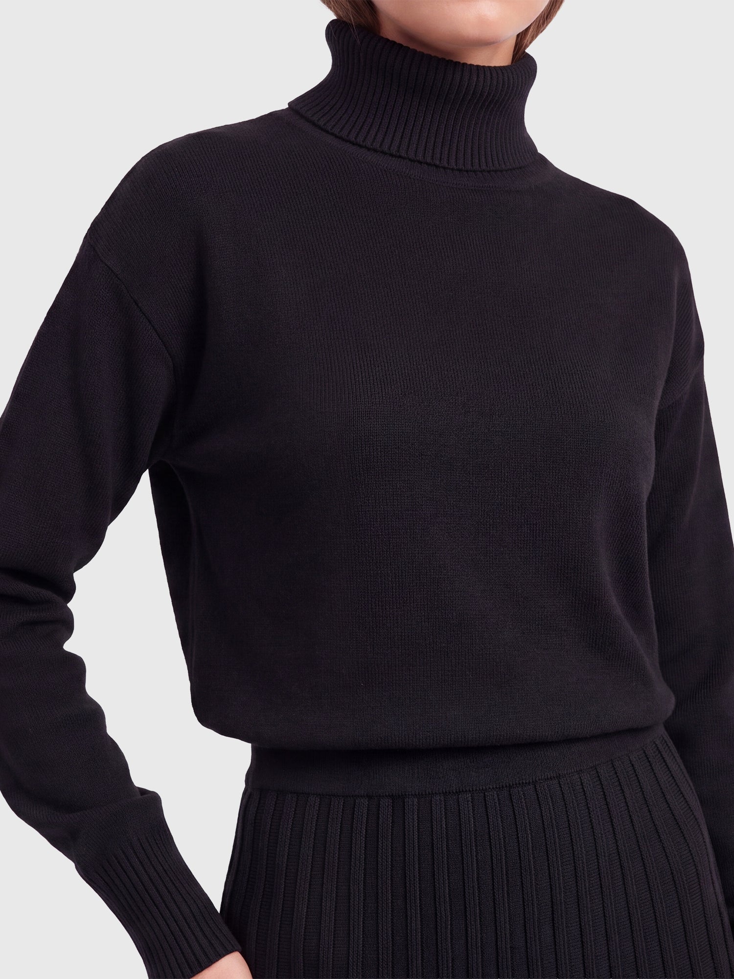 2-in-1 Strickkleid mit Rollkragen und Faltenrock | schwarz