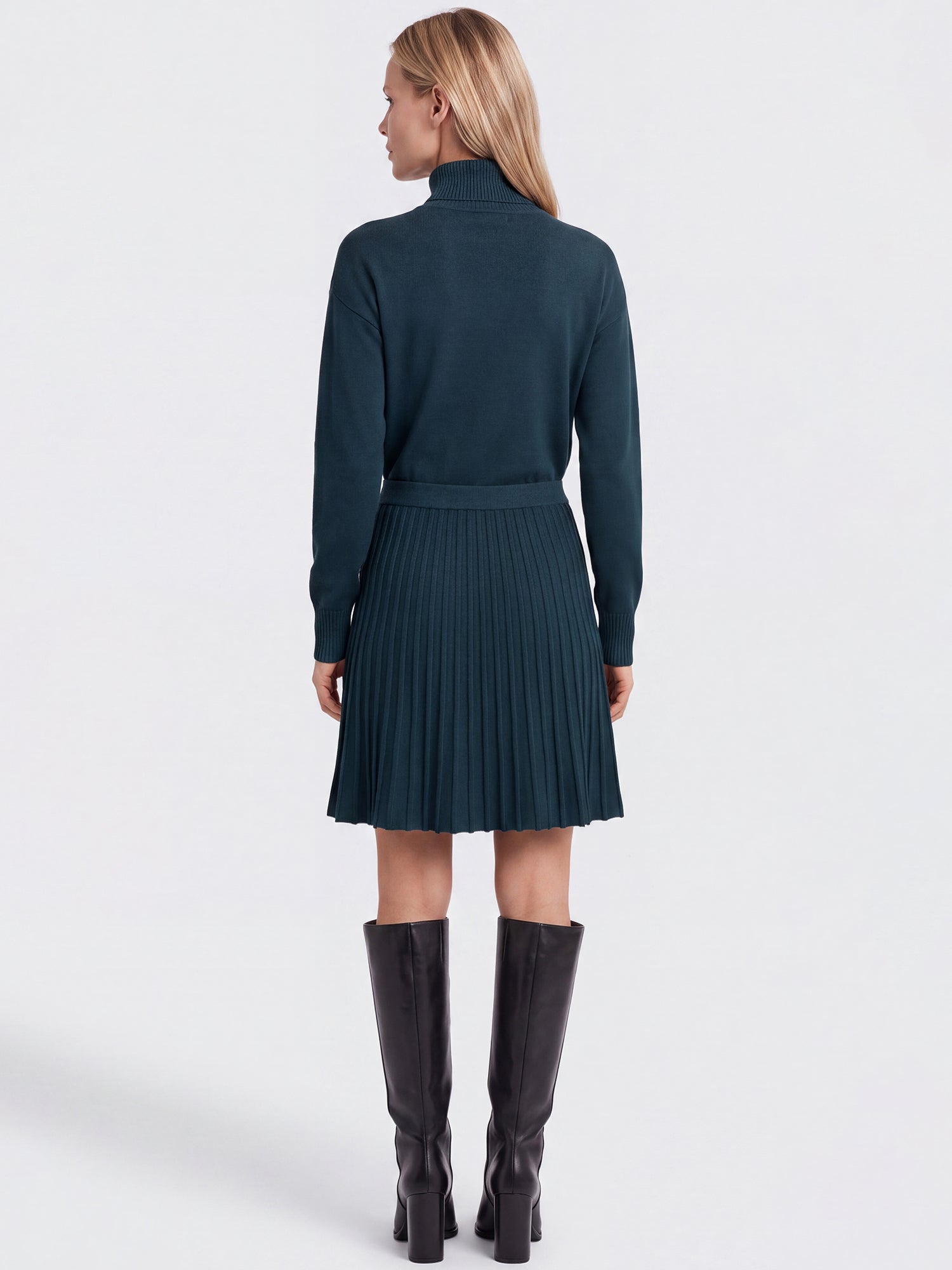 2-in-1 Strickkleid mit Rollkragen und Faltenrock | petrol