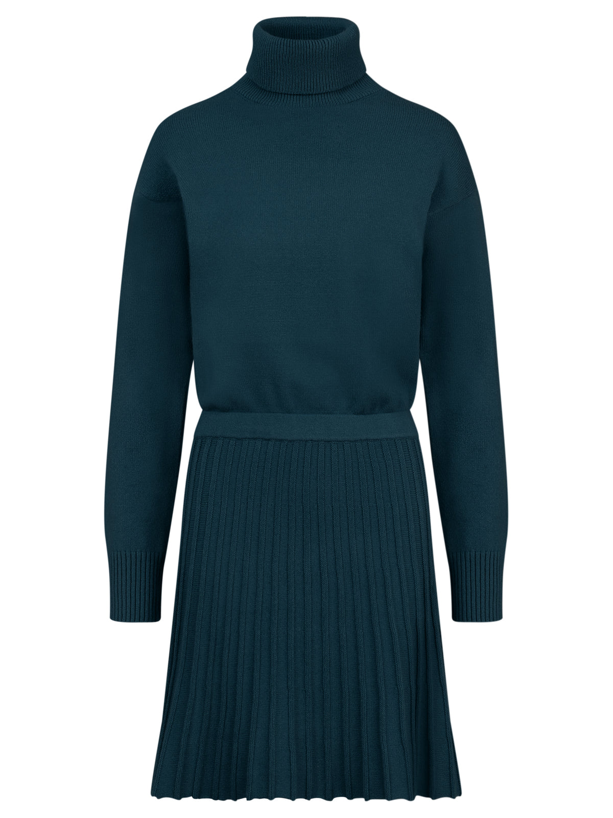 2-in-1 Strickkleid mit Rollkragen und Faltenrock | petrol