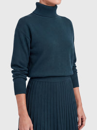 2-in-1 Strickkleid mit Rollkragen und Faltenrock | petrol