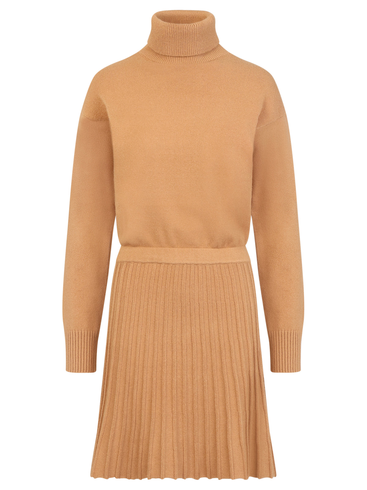 2-in-1 Strickkleid mit Rollkragen und Faltenrock | camel