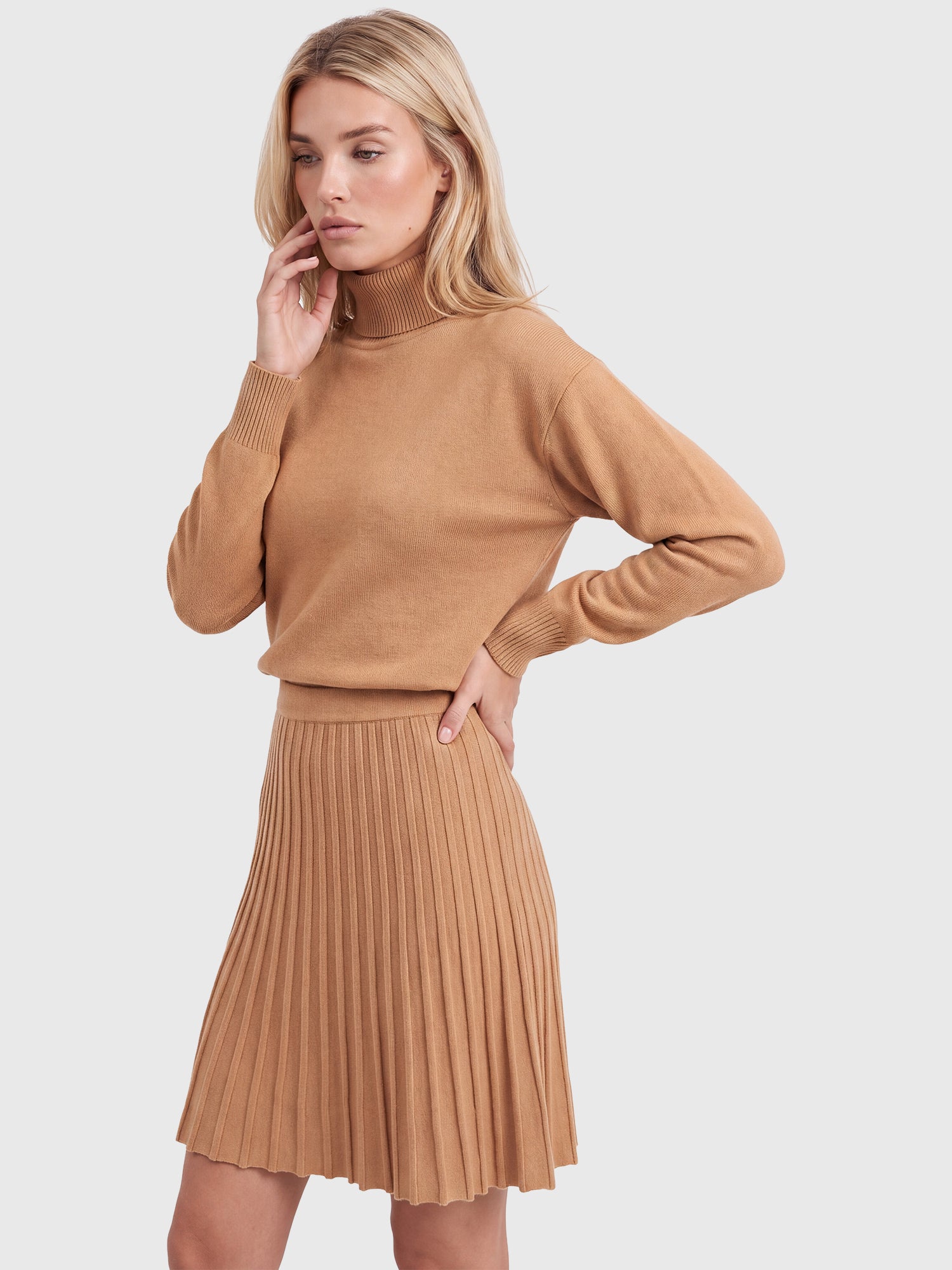 2-in-1 Strickkleid mit Rollkragen und Faltenrock | camel