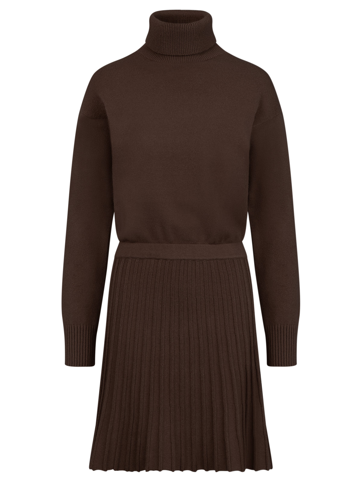 2-in-1 Strickkleid mit Rollkragen und Faltenrock | braun