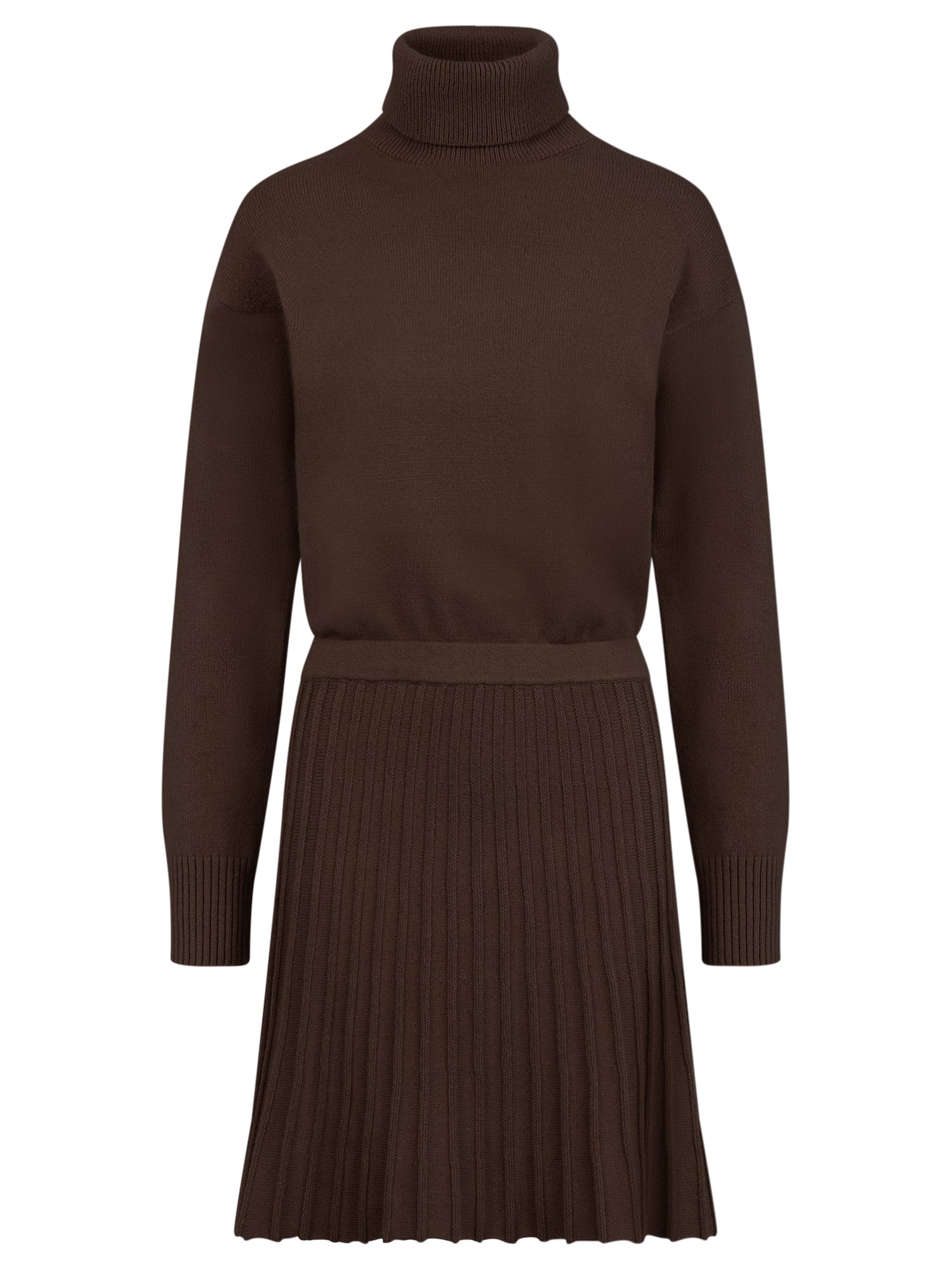 2-in-1 Strickkleid mit Rollkragen und Faltenrock | braun