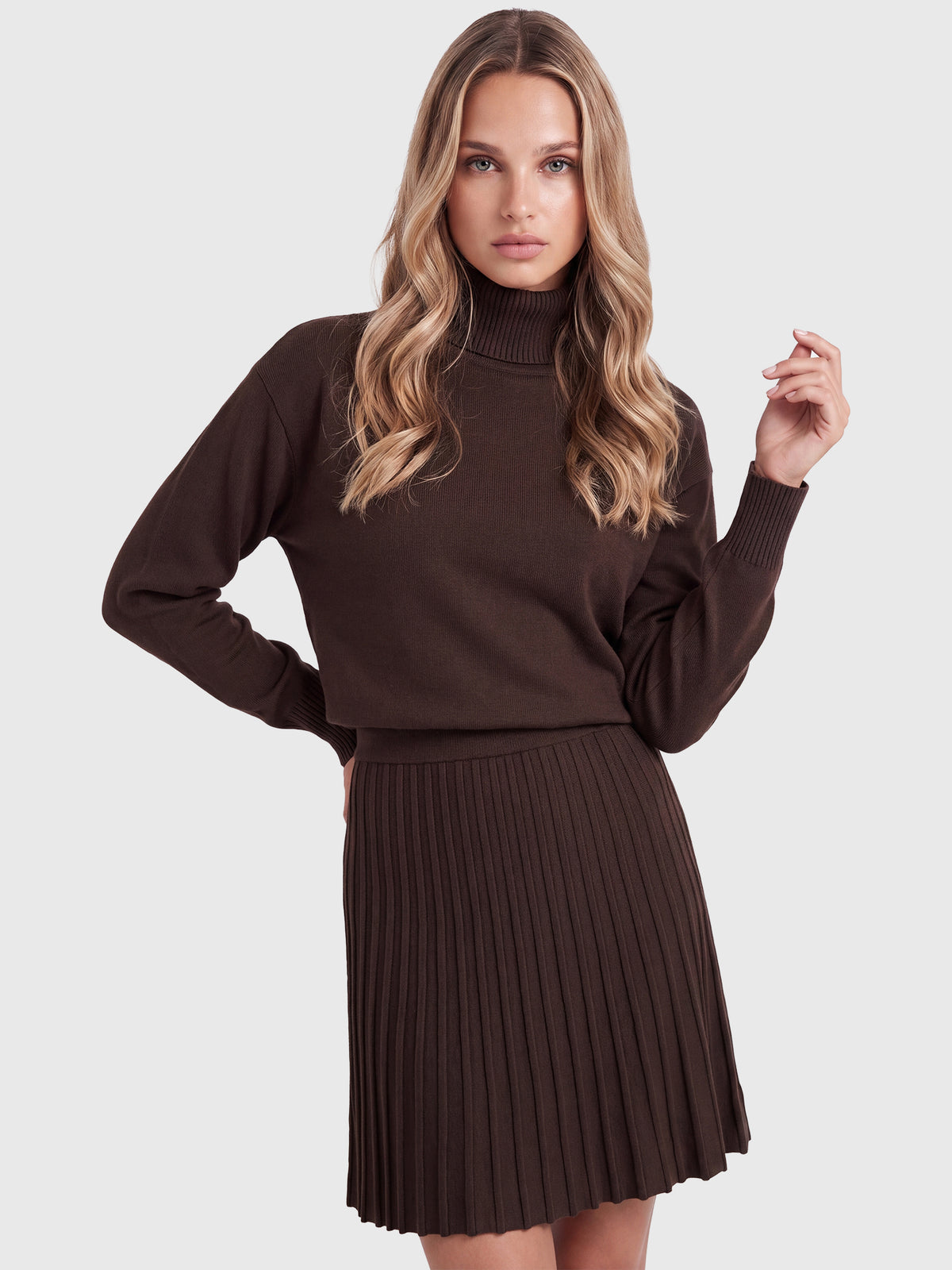 2-in-1 Strickkleid mit Rollkragen und Faltenrock | braun