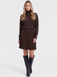 2-in-1 Strickkleid mit Rollkragen und Faltenrock | braun