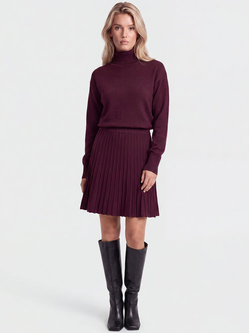 2-in-1 Strickkleid mit Rollkragen und Faltenrock | weinrot image 1
