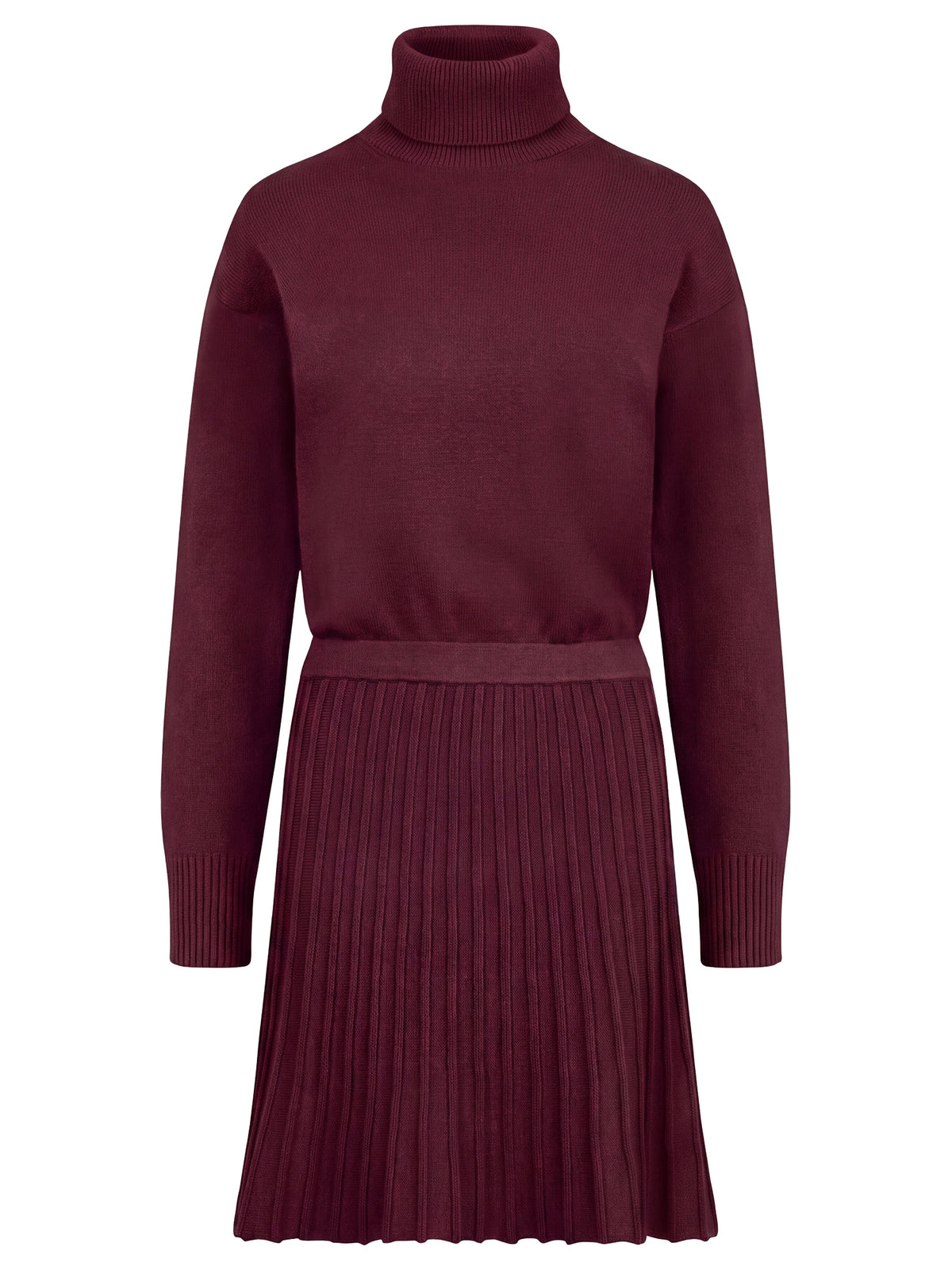 2-in-1 Strickkleid mit Rollkragen und Faltenrock | weinrot