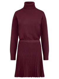 2-in-1 Strickkleid mit Rollkragen und Faltenrock | weinrot