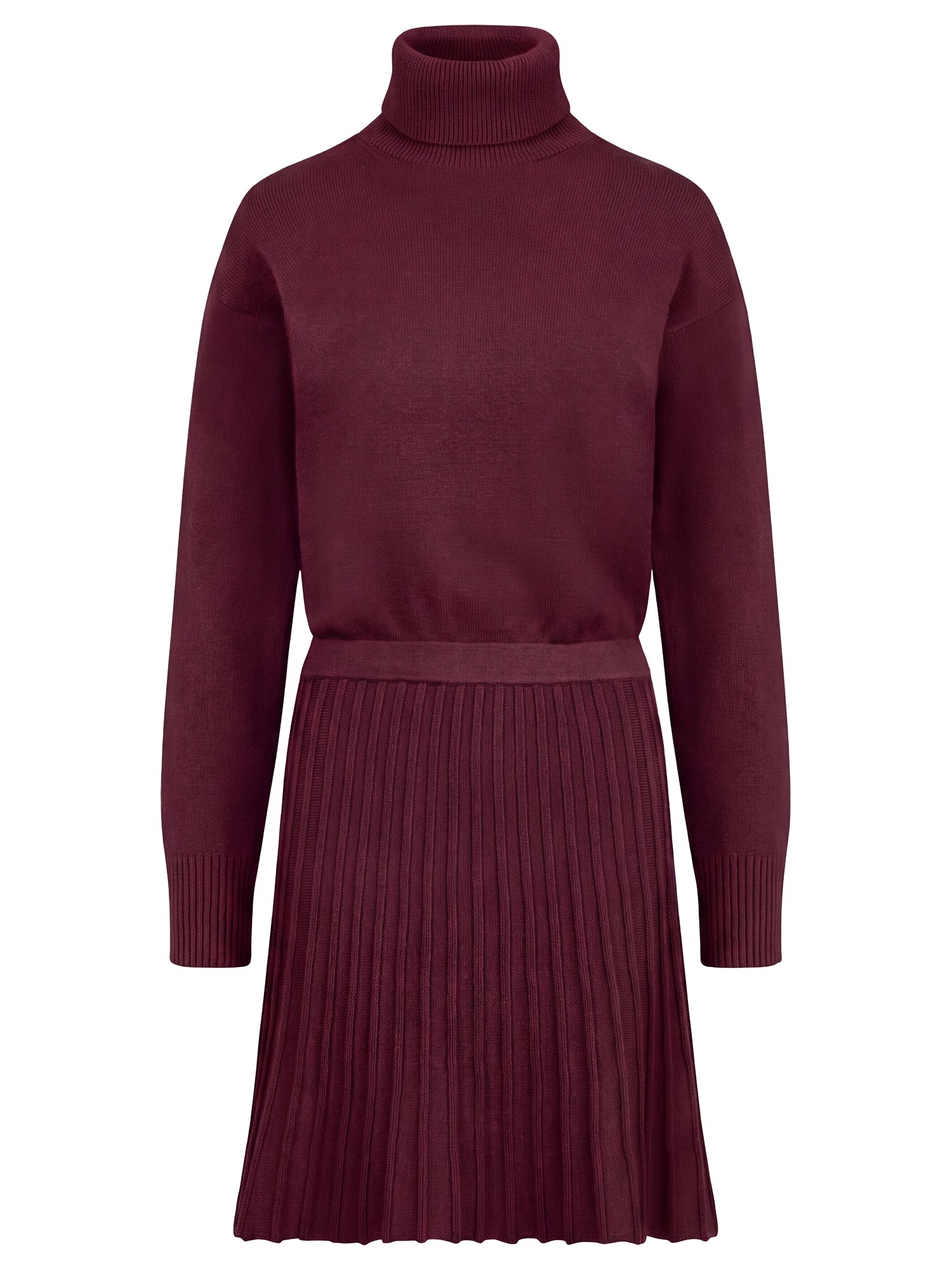 2-in-1 Strickkleid mit Rollkragen und Faltenrock | weinrot