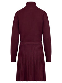 2-in-1 Strickkleid mit Rollkragen und Faltenrock | weinrot