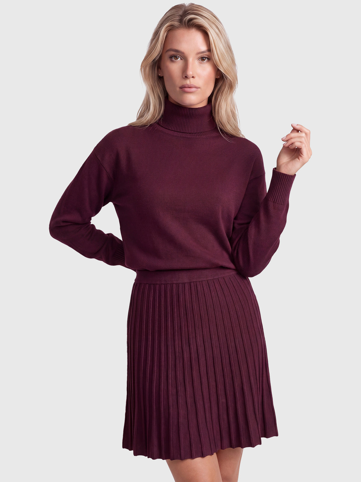 2-in-1 Strickkleid mit Rollkragen und Faltenrock | weinrot