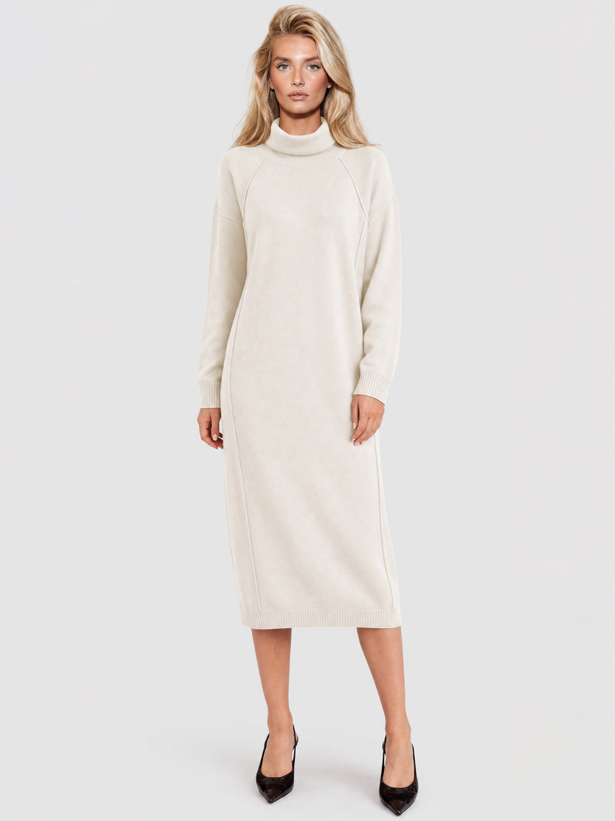 Langes Strickkleid mit Rollkragen und Kaschmiranteil | champagner