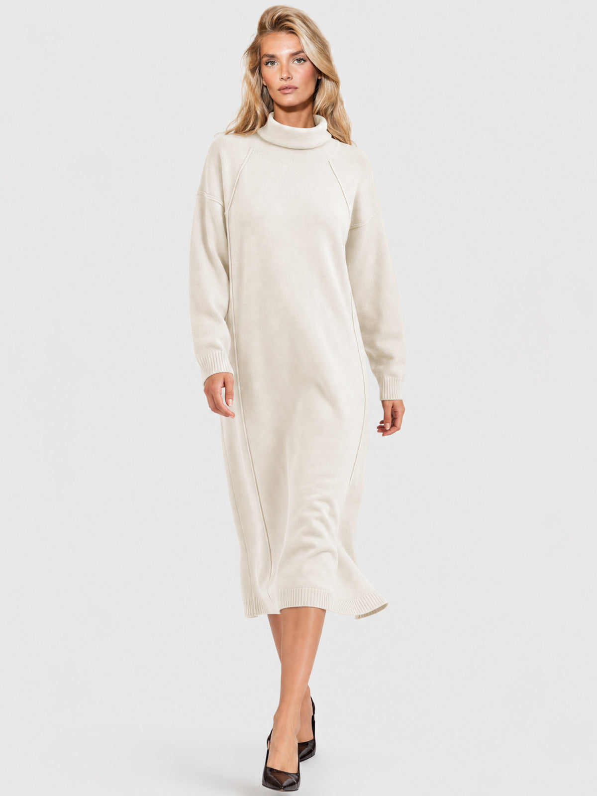 Langes Strickkleid mit Rollkragen und Kaschmiranteil | champagner