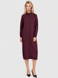 Langes Strickkleid mit Rollkragen und Kaschmiranteil | weinrot