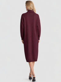 Langes Strickkleid mit Rollkragen und Kaschmiranteil | weinrot