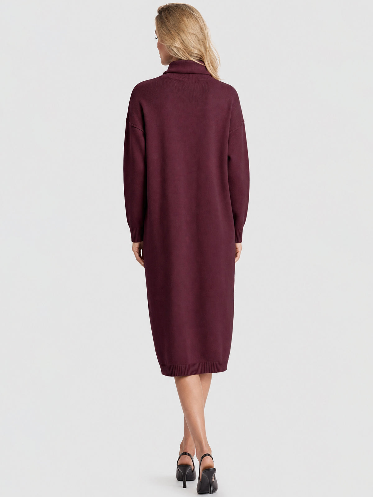 Langes Strickkleid mit Rollkragen und Kaschmiranteil | weinrot