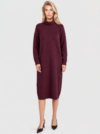 Langes Strickkleid mit Rollkragen und Kaschmiranteil | weinrot