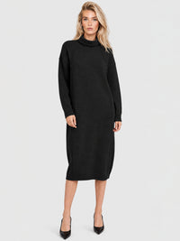 Langes Strickkleid mit Rollkragen und Kaschmiranteil | schwarz
