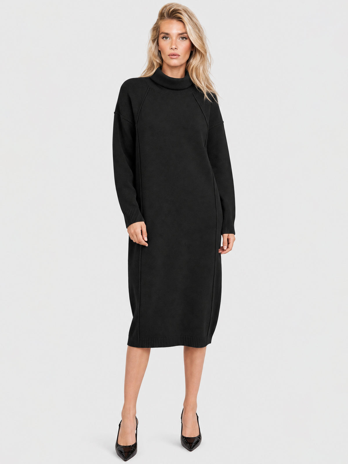 Langes Strickkleid mit Rollkragen und Kaschmiranteil | schwarz