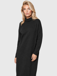 Langes Strickkleid mit Rollkragen und Kaschmiranteil | schwarz