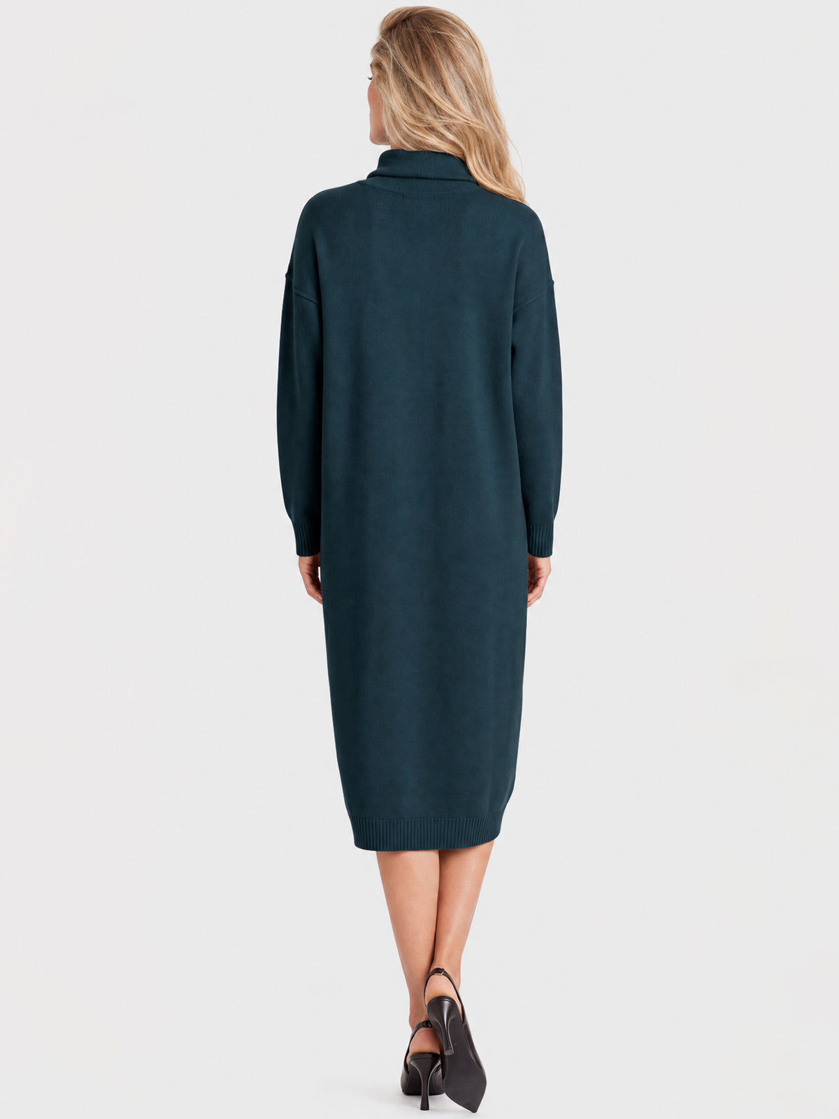 Langes Strickkleid mit Rollkragen und Kaschmiranteil | petrol