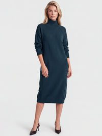 Langes Strickkleid mit Rollkragen und Kaschmiranteil | petrol