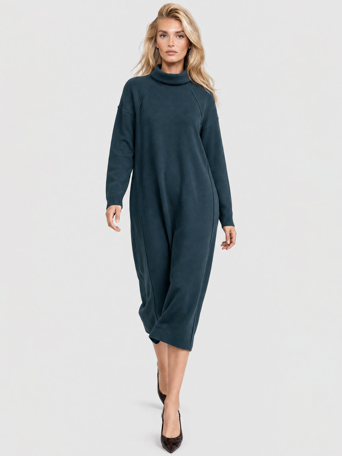 Langes Strickkleid mit Rollkragen und Kaschmiranteil | petrol