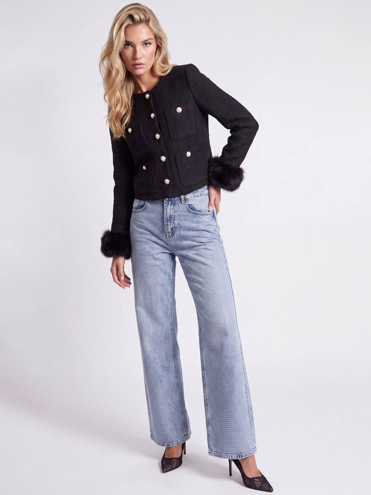 Jeans mit Kristallsteinen | acid wash