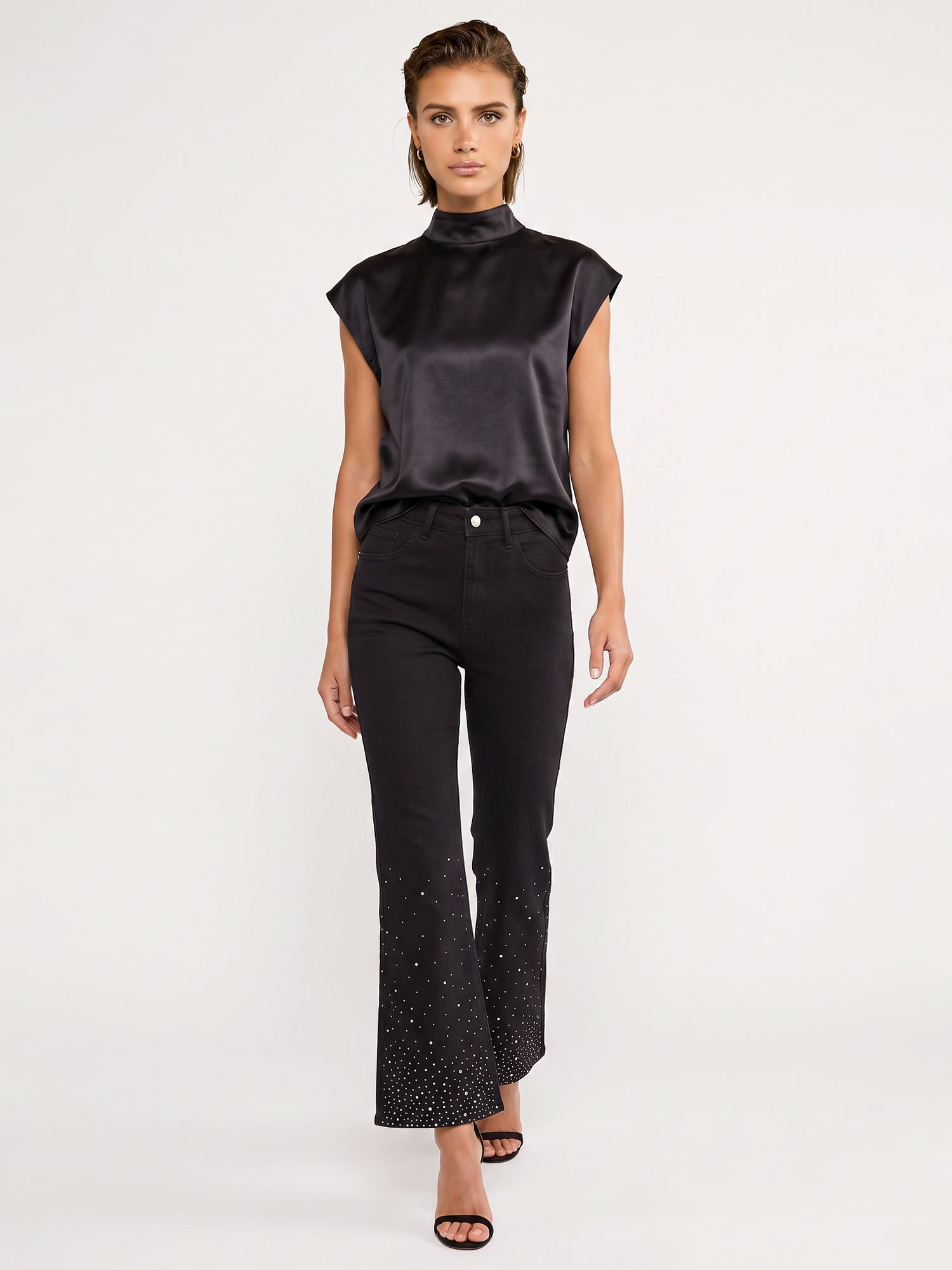 Cropped Jeans mit Kristallsteinen | schwarz