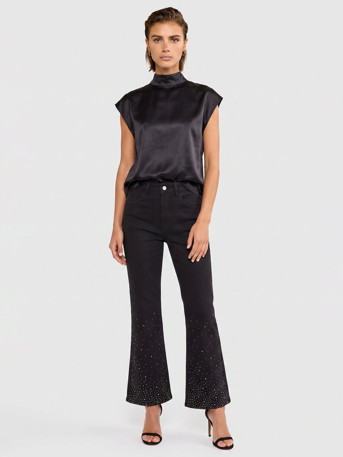 Cropped Jeans mit Kristallsteinen | schwarz
