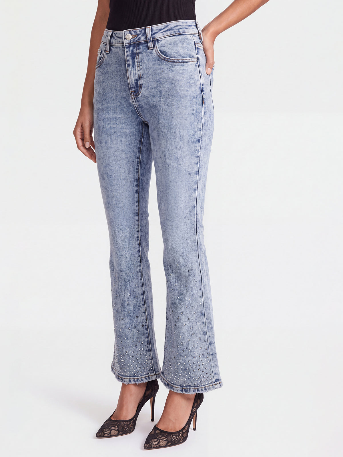 Cropped Jeans mit Kristallsteinen | acid wash