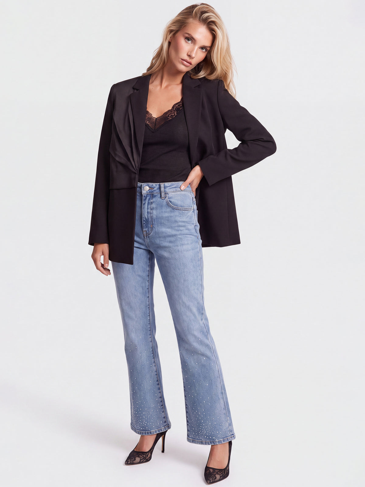 Cropped Jeans mit Kristallsteinen | hellblau