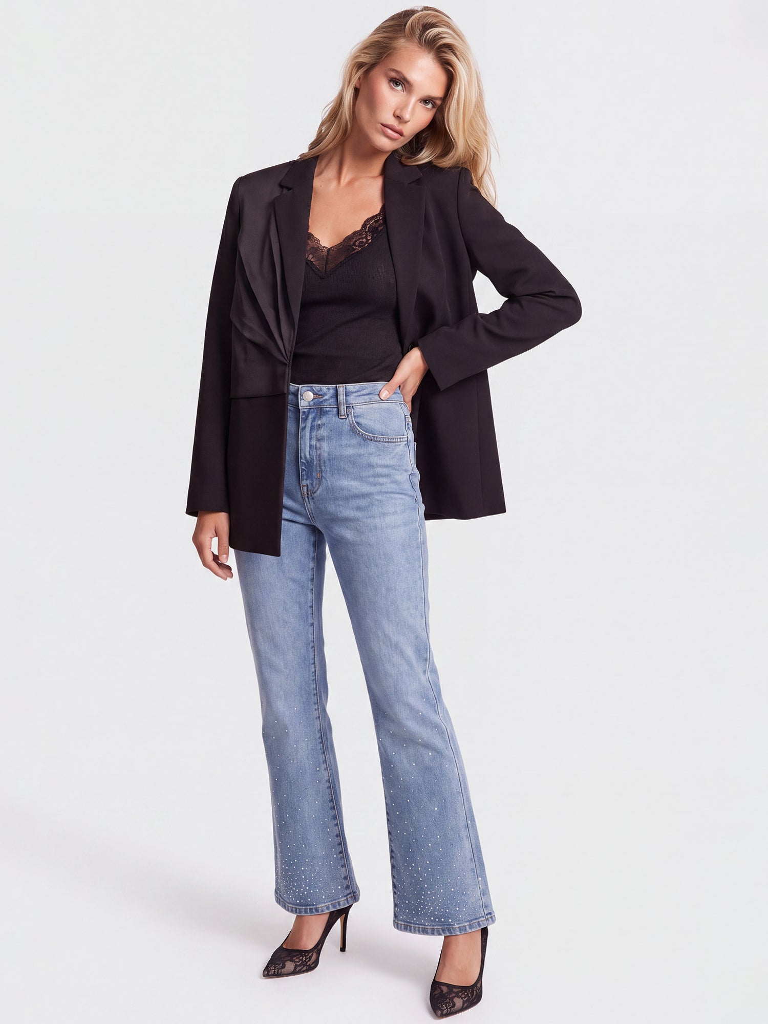Cropped Jeans mit Kristallsteinen | hellblau