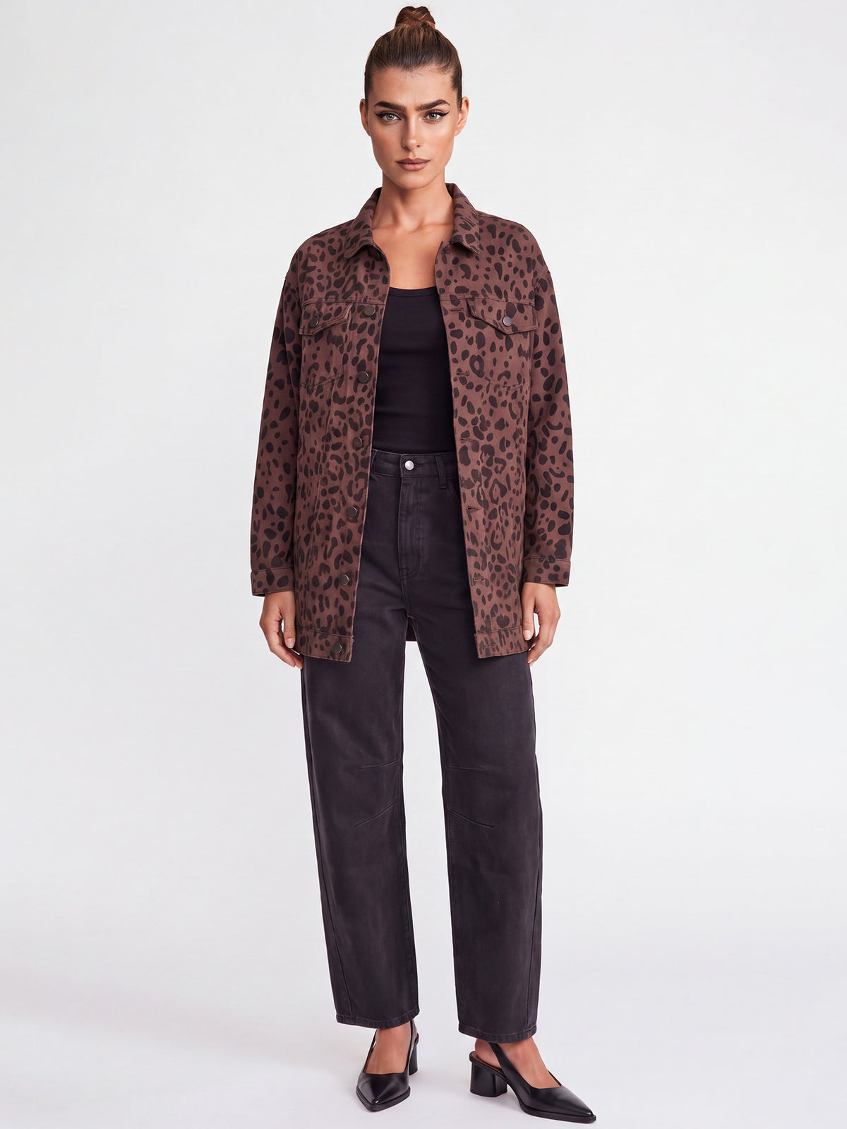 Oversized Jeansjacke mit Allover-Leo-Dessin | braun-schwarz