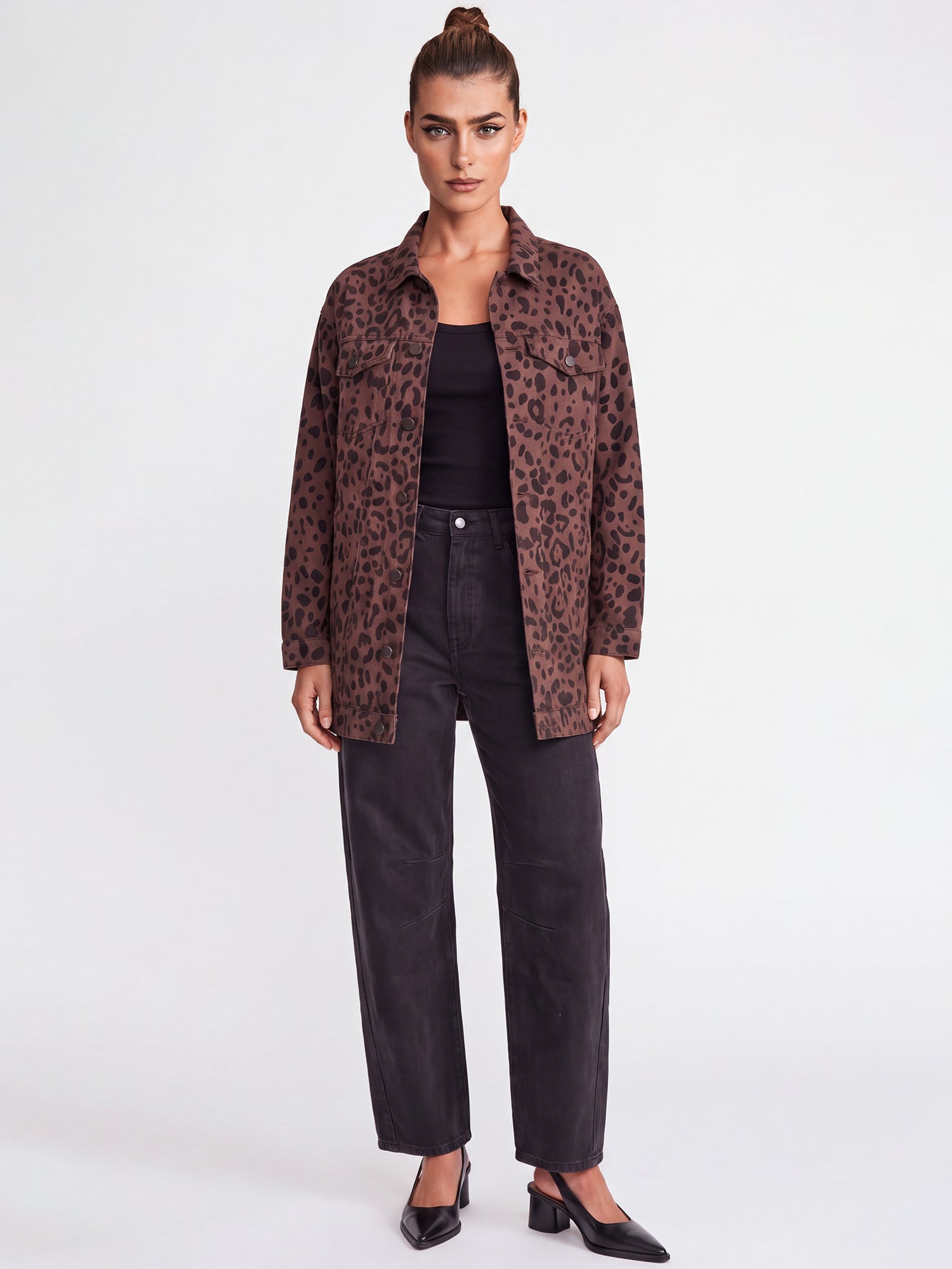 Oversized Jeansjacke mit Allover-Leo-Dessin | braun-schwarz