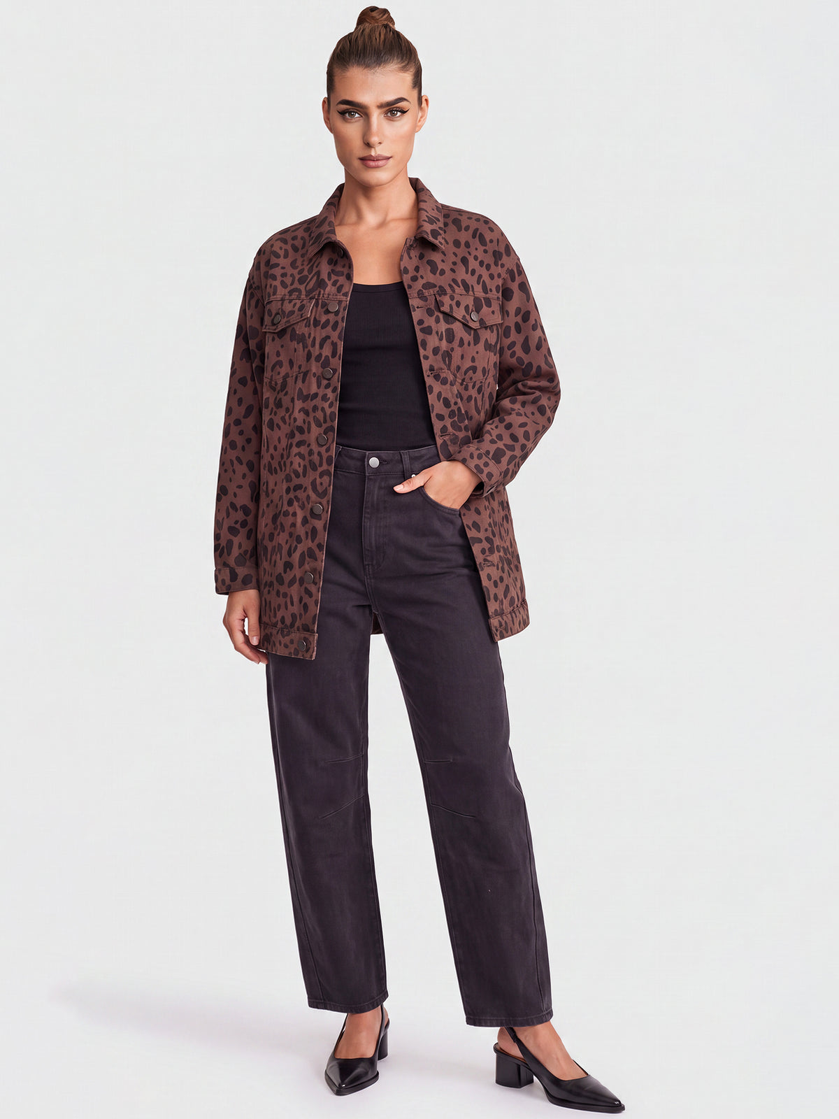 Oversized Jeansjacke mit Allover-Leo-Dessin | braun-schwarz