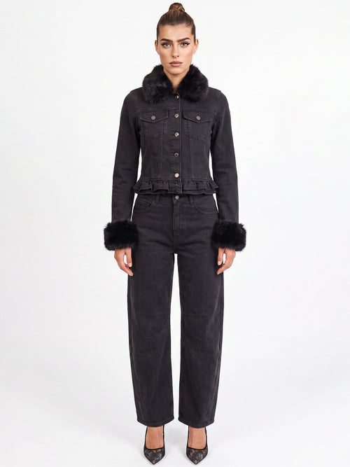 Jeansjacke mit abnehmbarem Fellimitatkragen | schwarz image 1