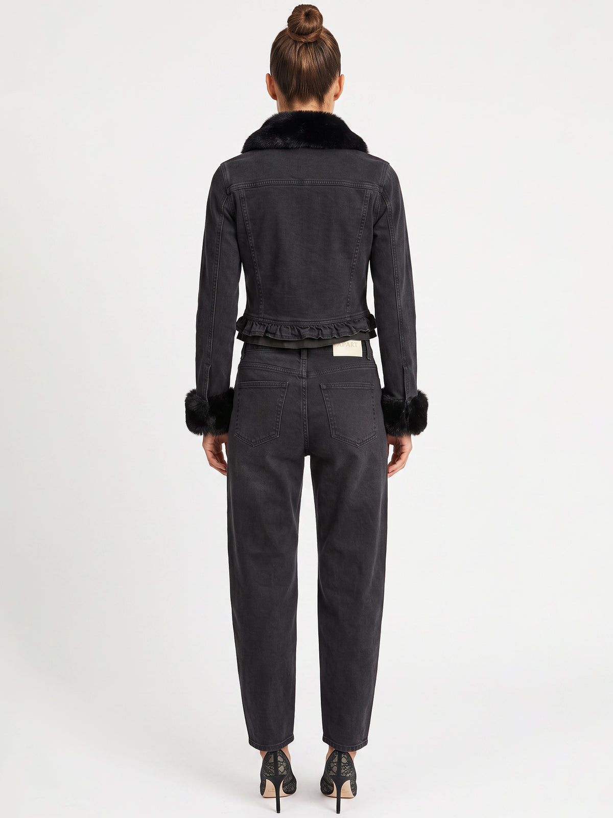 Jeansjacke mit abnehmbarem Fellimitatkragen | schwarz