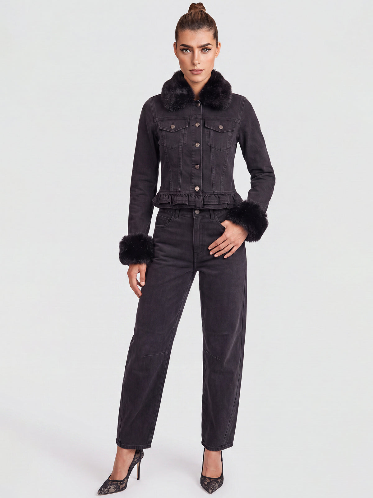 Jeansjacke mit abnehmbarem Fellimitatkragen | schwarz