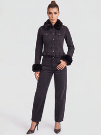 Jeansjacke mit abnehmbarem Fellimitatkragen | schwarz
