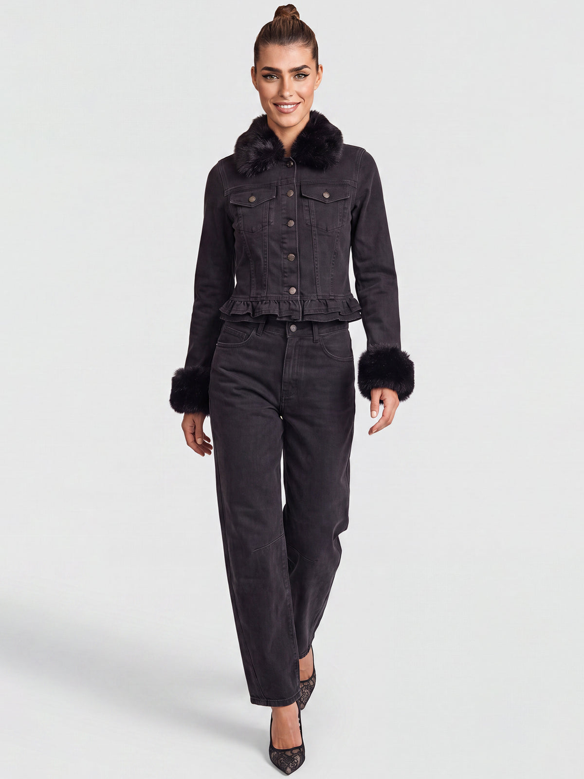 Jeansjacke mit abnehmbarem Fellimitatkragen | schwarz