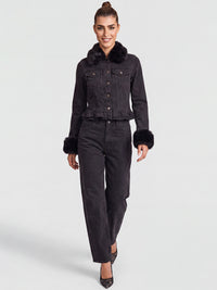 Jeansjacke mit abnehmbarem Fellimitatkragen | schwarz